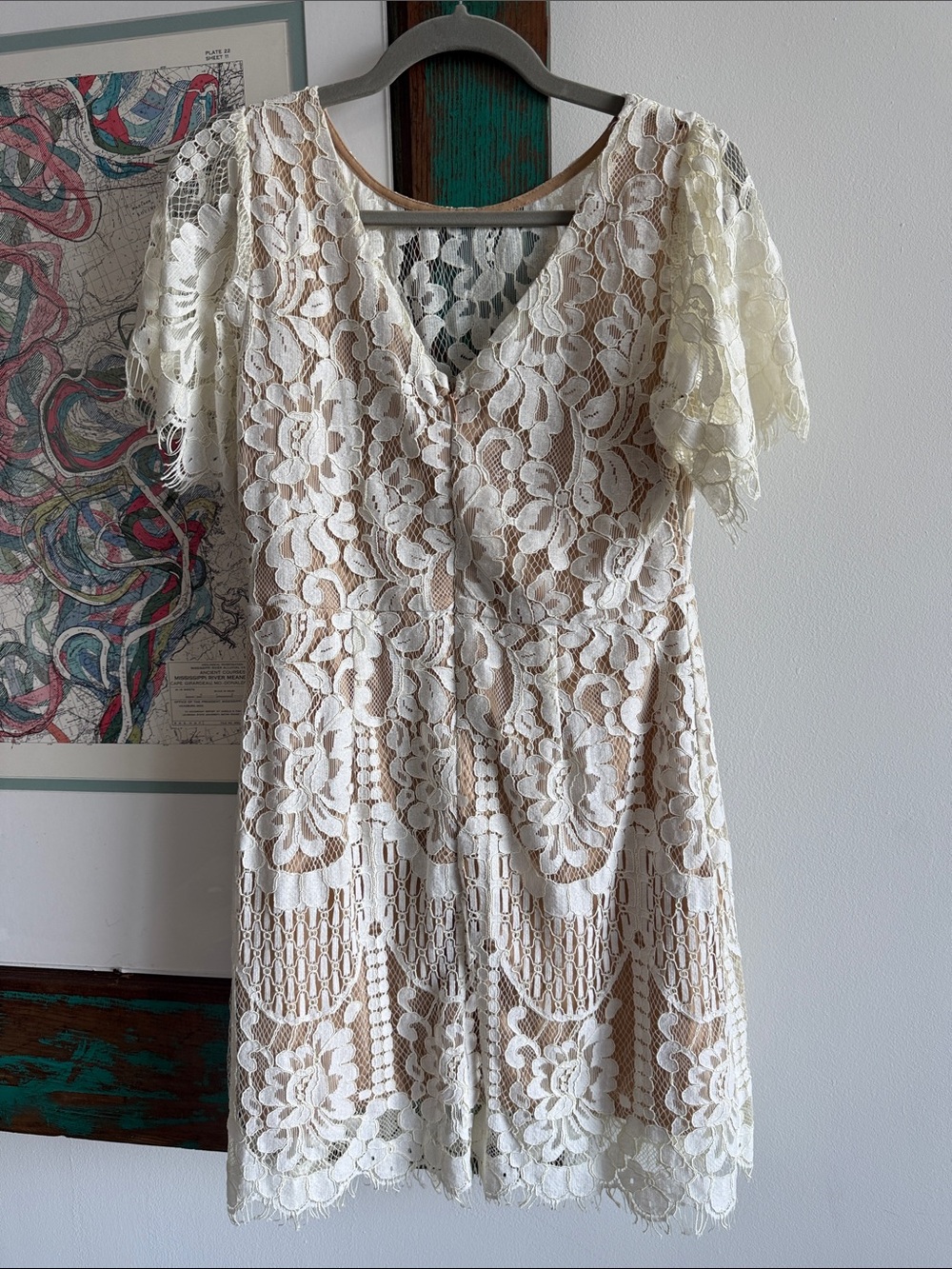 Lulus Pearson White Cream Lace Mini Dress Short Sleeve Nude Lining Wedding - Picture 14 of 16